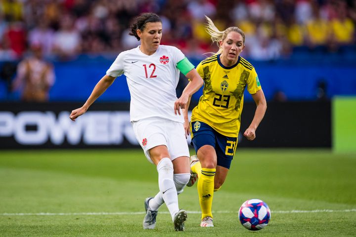 Christine Sinclair during Canada's 2019 FIFA Women's World Cup Round Of 16 match against Sweden.