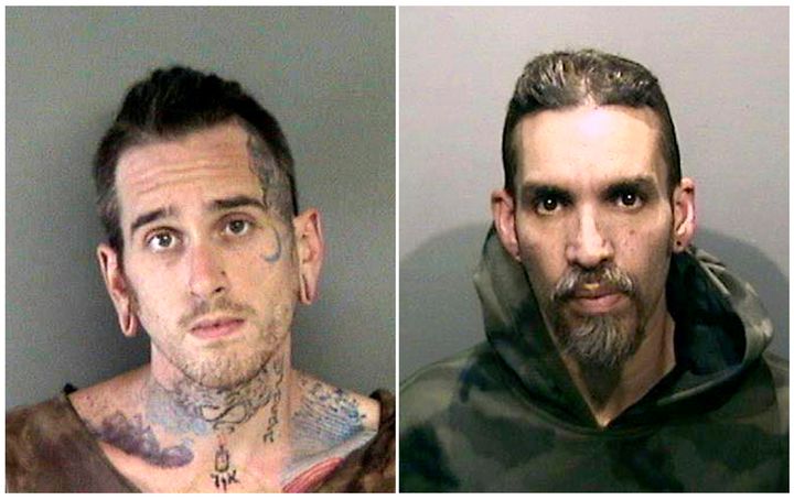 These June 2017 booking photos provided by the Alameda County Sheriff's Office show Max Harris, left, and Derick Almena at Santa Rita Jail in Alameda County, California.
