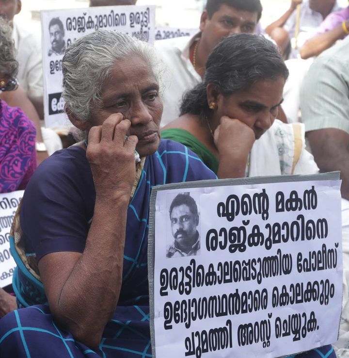 Rajkumar's mother taking part in a protest in Thiruvananthapuram.