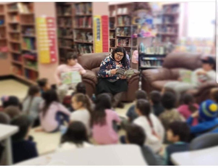 Durocher at a recent school library event, where students from kindergarten to grade six listened to her read her first book.