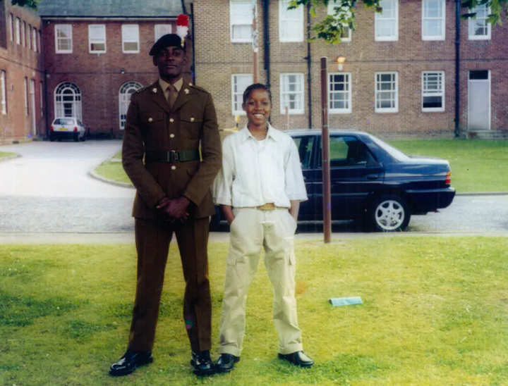 <strong>Chadwick and older brother Damion at his military graduation ceremony. Damion also arrived in the UK in 2002 and sadly died by suicide in 2018.</strong>