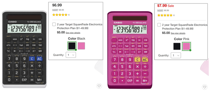 The pink version of this Casio calculator is on sale for $1 more.