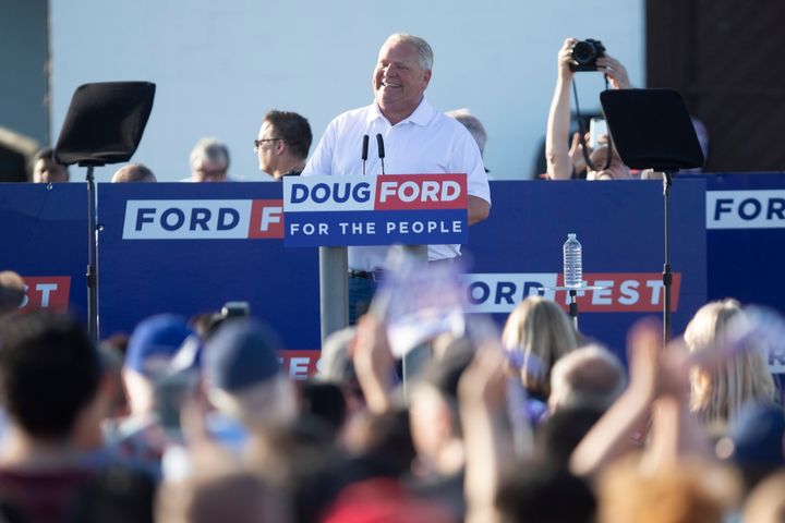 Ontario Premier Doug Ford addresses the crowd during Ford Fest in Markham, Ont., on June 22, 2019. 