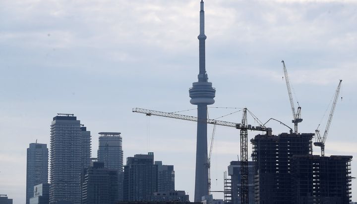 Construction cranes along Queens Quay in Toronto, June 24.