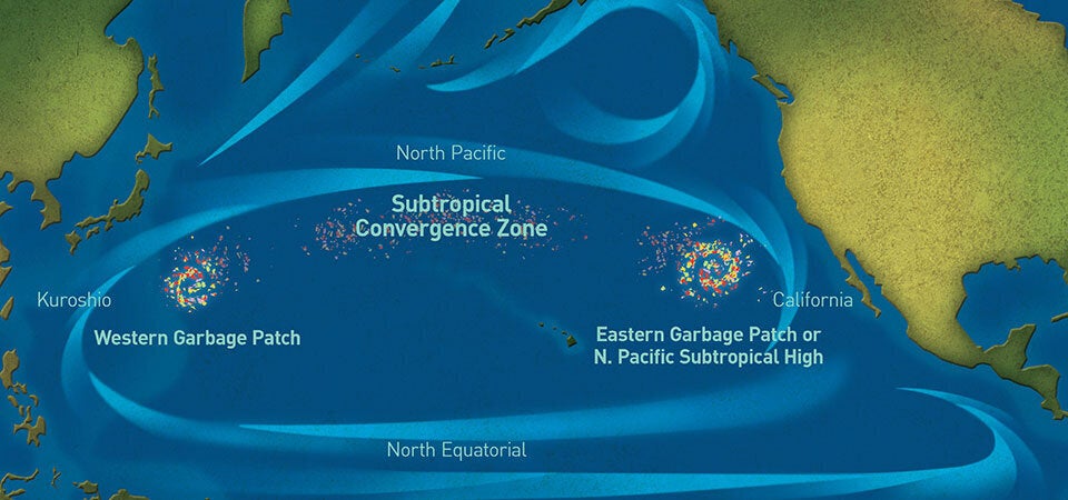 A rendering of the Great Pacific Garbage Patch, which is spread over a massive area of the North Pacific between California and Japan. Lecomte and his team are currently navigating the eastern portion.