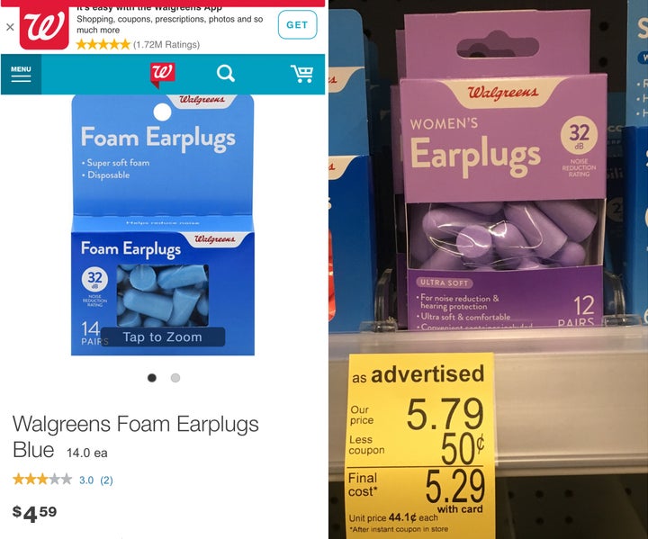 This package of women's earplugs are purple, contain two fewer pairs and cost more than $1 more.