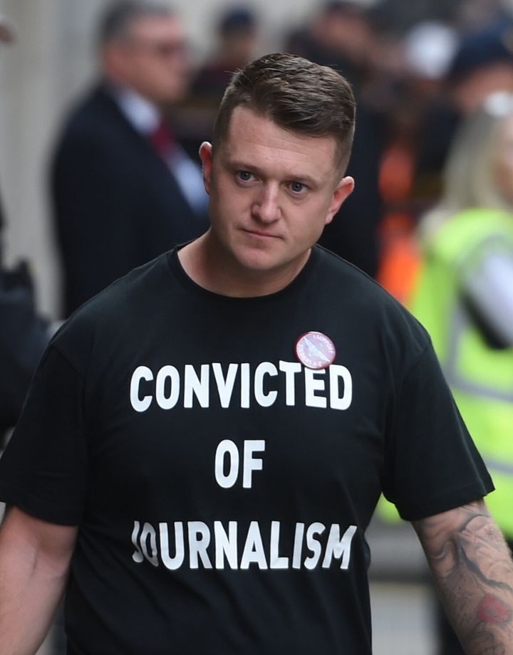 Stephen Yaxley-Lennon arrived at the Old Bailey on Thursday wearing a T-shirt that said 'convicted of journalism' 