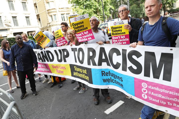 Stand Up To Racism demonstrators outside the Old Bailey in London during the sentencing 