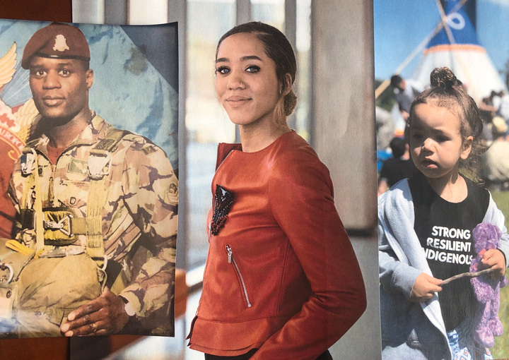 Standing next to a photo print of my father, left.