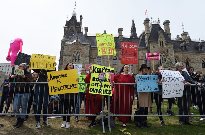 Counter-protesters at the anti-abortion March For Life rally on Parliament Hill in Ottawa on May 9, 2019.