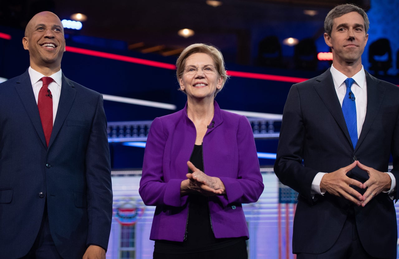 Warren with fellow candidates Sen. Cory Booker (N.J.), left, and former Rep. Beto O'Rourke (Texas) at the first Democratic Party presidential primary debate.