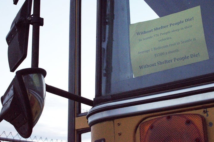 <p>A sign in a school bus parked in one of Seattle’s southern industrial zones. August 27, 2015.</p>