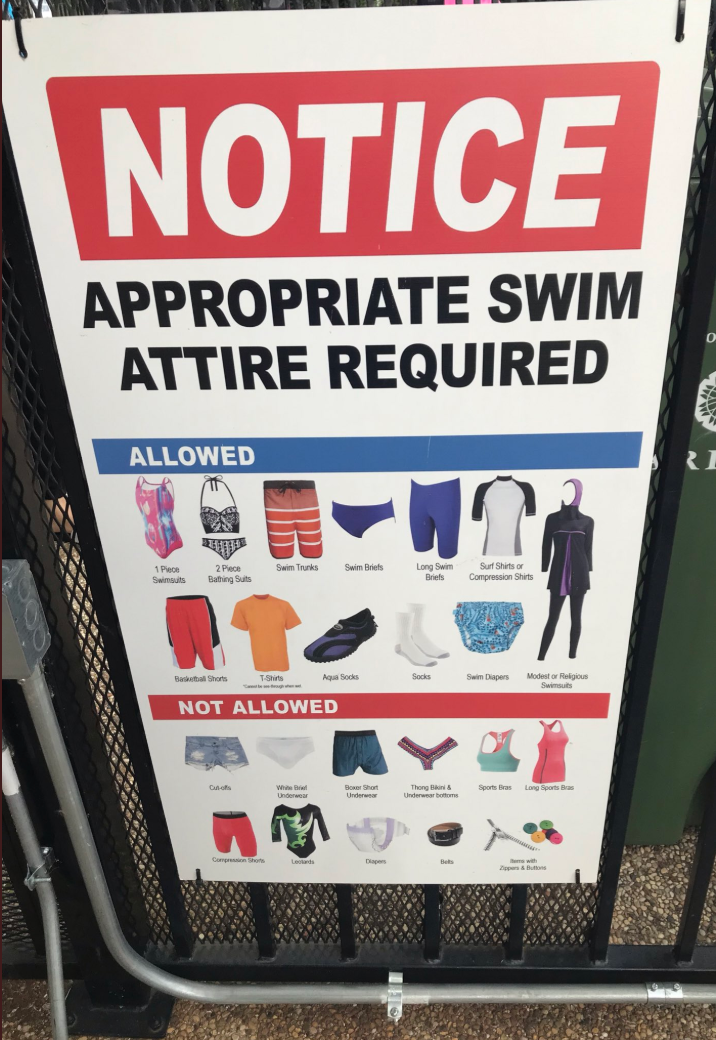 A sign posted by the homeowners association at Yamout's neighborhood pool explicitly includes a picture of a burkini as permitted swim attire.