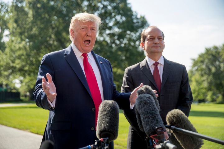 President Donald Trump appeared on July 12 with Labor Secretary Alex Acosta to announce the latter's resignation.