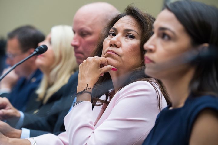 Rep. Veronica Escobar (D-Texas), center, sits on a panel to testify before the House Oversight and Reform Committee about their trip to the U.S.-Mexico border on Friday, July 12, 2019.
