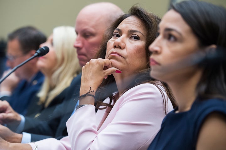 Rep. Veronica Escobar (D-Texas), center, sits on a panel to testify before the House Oversight and Reform Committee about their trip to the U.S.-Mexico border on Friday, July 12, 2019.