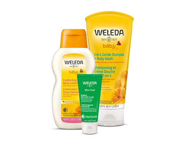 Weleda Mama and Baby Essentials 3-Piece Set, Baby Calendula 2-in-1 Shampoo  and Body Wash, Baby Calendula Comforting Body Lotion, Skin Food