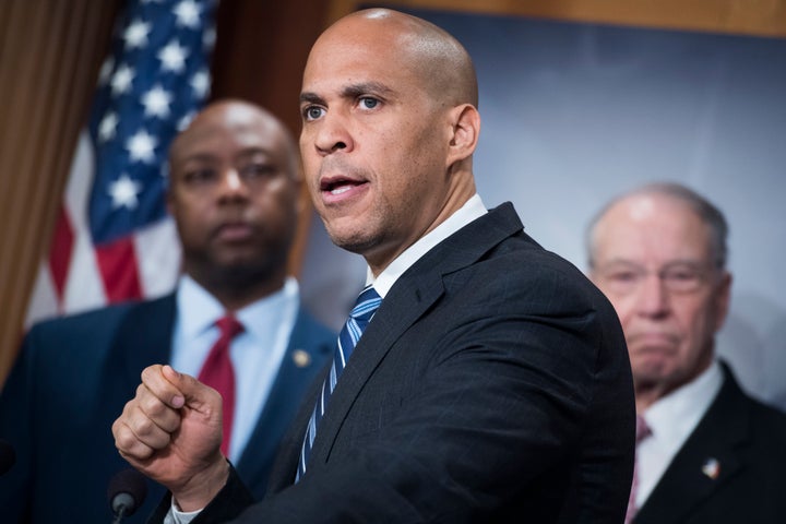 Sen. Cory Booker speaks at a press conference in the Capitol in December 2018 on the passage of the First Step Act, a criminal justice reform bill.