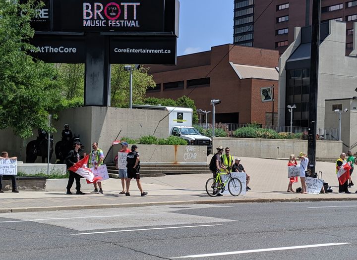 Right-wing protestors across the street from Hamilton City Hall on Saturday, July 13, 2019.