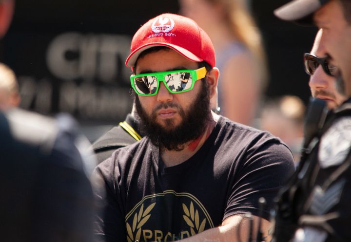 A member of the far-right Proud Boys group in Hamilton on June 22, 2019.