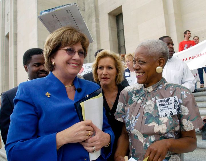 Sadie Roberts-Joseph (right), talks with Gov. Kathleen Blanco (left) before the start of the Stand Up for Children 2004 Rally for Children on the steps of the State Capitol in Baton Rouge.