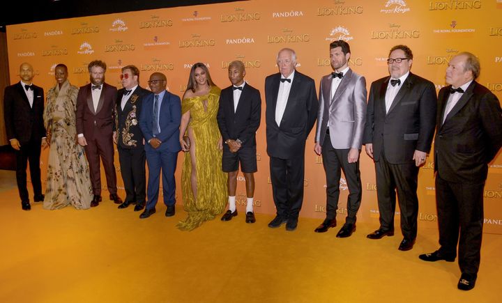 (L-R) Keegan-Michael Key, Florence Kasumba, Seth Rogen, Sir Elton John, Lebo M, Beyonce Knowles-Carter, Pharrell Williams, Sir Tim Rice, Billy Eichner Jon Favreau and Hans Zimmer attend the European Premiere of Disney's "The Lion King" at Odeon Luxe Leicester Square