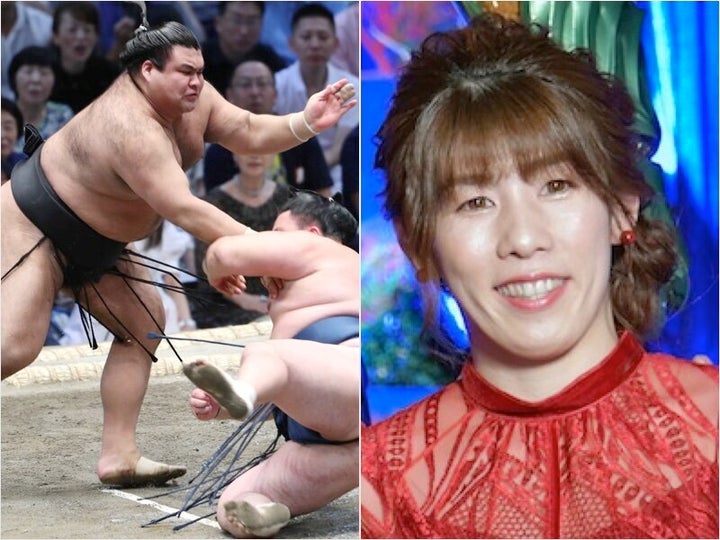 高安が押し倒しで玉鷲を下す（左写真）。吉田沙保里さん（右写真）