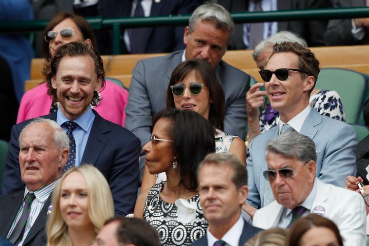 Tom Hiddleston, left, British actor Benedict Cumberbatch, right, and his wife, Sophie Hunter