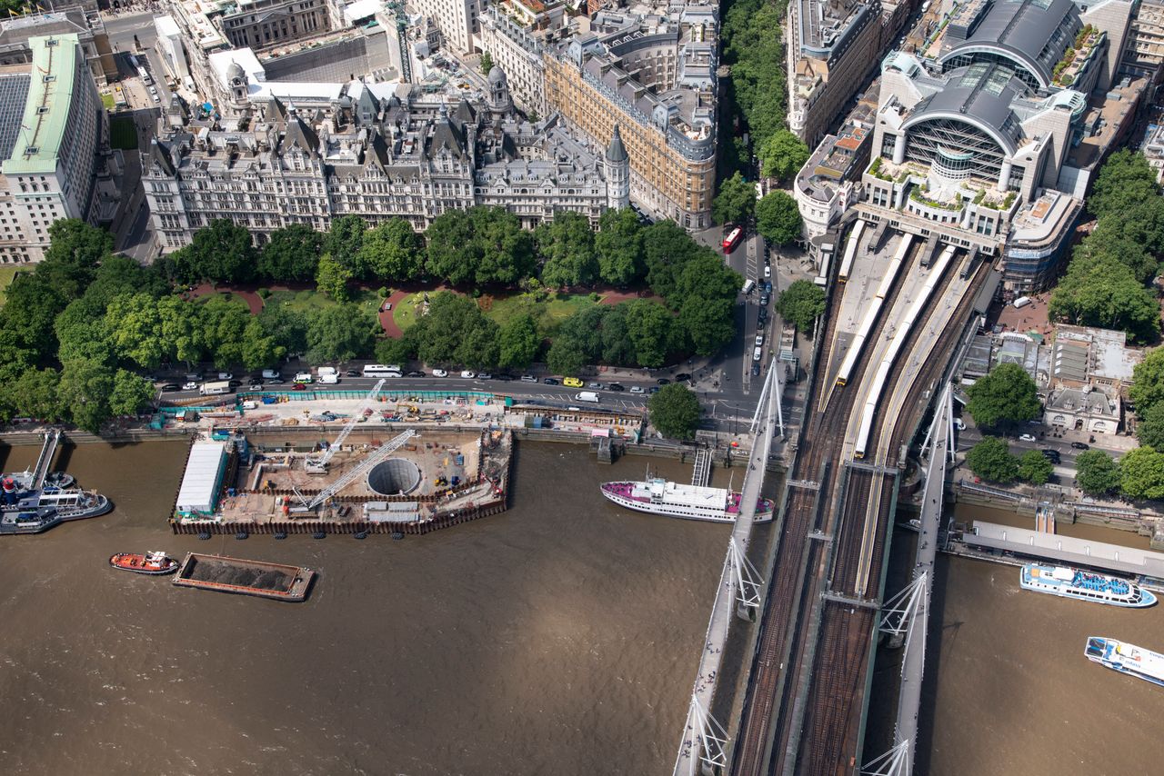 Westminster, opposite the London Eye, where a 13-meter-wide shaft more than 50 metres deep will link the existing local sewer system to the main tunnel.