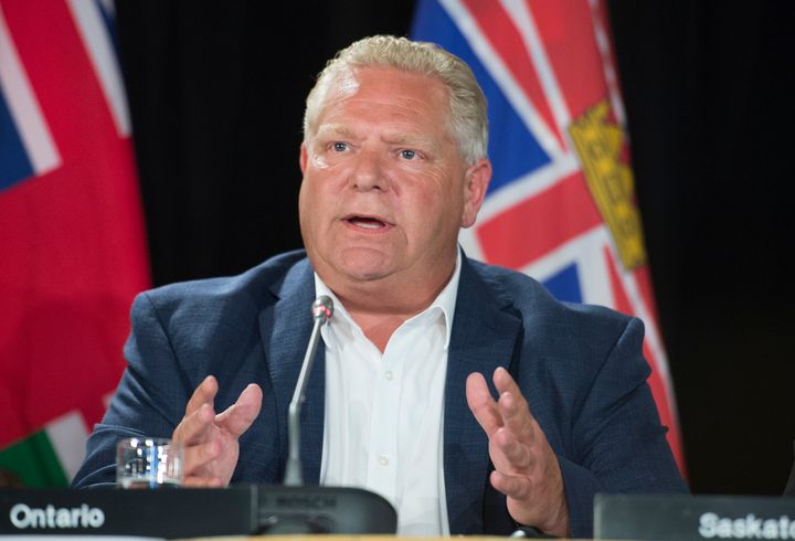Ontario Premier Doug Ford speaks during a closing news conference at a meeting of Canada's Premiers in Saskatoon on July, 11, 2019.