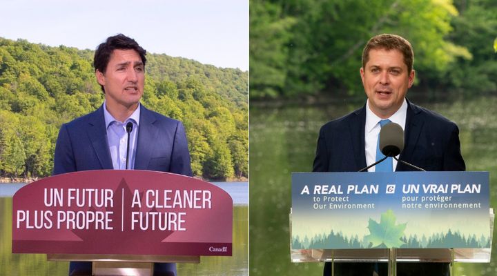 Prime Minister Justin Trudeau and Conservative Leader Andrew Scheer are shown in a composite image.
