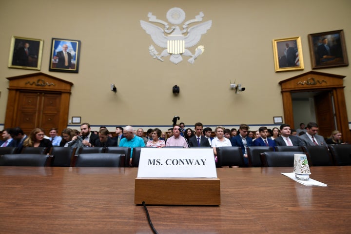 The witness seat for White House counselor Kellyanne Conway is ready before the start of the House Oversight hearing on Conway's Hatch Act violations, on Capitol Hill on July 15, 2019.