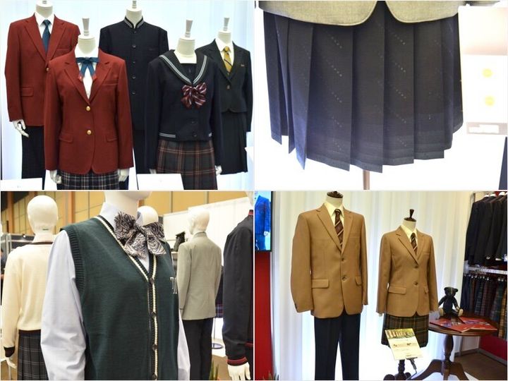 展示会場には様々なデザインの制服が。右上のスカートは、すそがグラデーション模様になっていた。