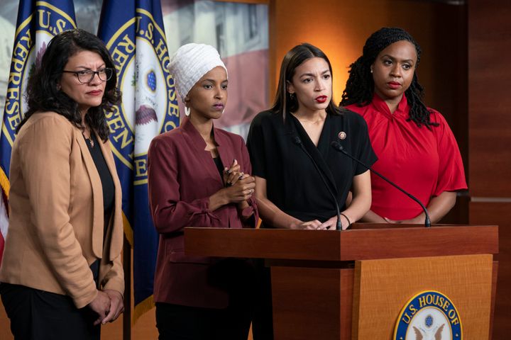 From left, Rep. Rashida Tlaib, D-Mich., Rep. Ilhan Omar, D-Minn., Rep. Alexandria Ocasio-Cortez, D-N.Y., and Rep. Ayanna Pressley, D-Mass., respond to remarks by President Donald Trump after his call for the four Democratic congresswomen to go back to their "broken" countries.