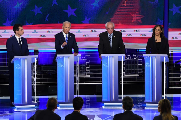 From left to right, Pete Buttigieg, Joe Biden, Bernie Sanders and Kamala Harris, are among the five candidates, along with Elizabeth Warren (not pictured), raising significant sums for their presidential bids.