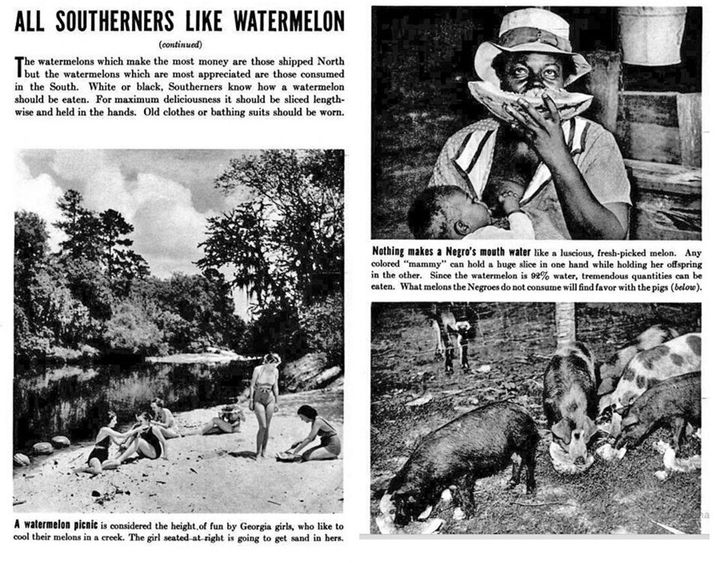 A caption in the 1937 Life cover story reads: “Nothing makes a Negro’s mouth water like a luscious, fresh-picked melon. Any colored ‘mammay’ can hold a huge slice in one hand while holding her offspring in the other.”