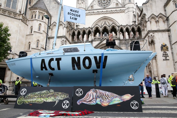 One of Extinction Rebellion's boats outside the Royal Courts of Justice in London on Tuesday. 