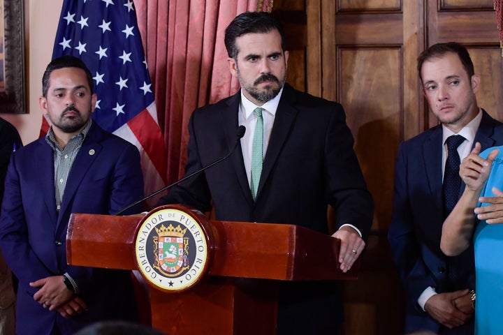 Puerto Rico Gov. Ricardo Rossello attends a press conference in La Fortaleza's Tea Room, in San Juan, Puerto Rico, Tuesday, July 16, 2019. 