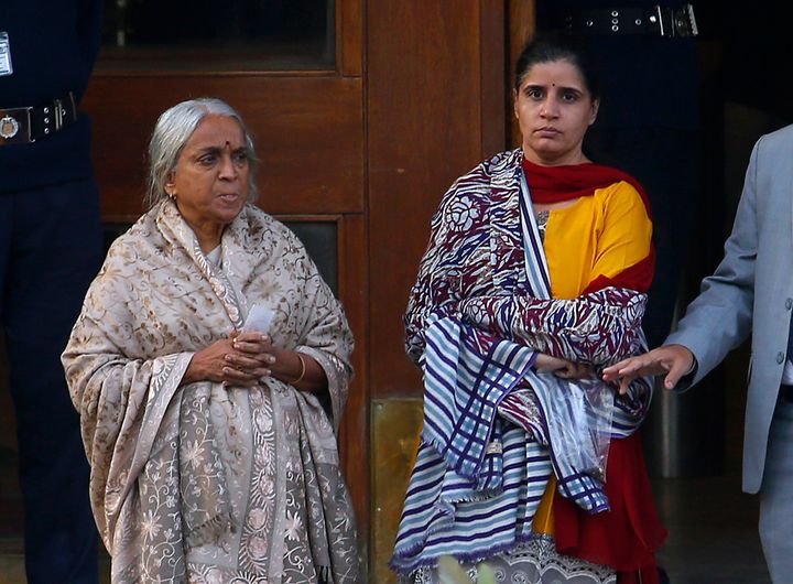 The wife, center, and mother, left, of imprisoned Indian naval officer Kulbhushan Jadhav, leave after meeting with Jadhav at Foreign Ministry in Islamabad, Pakistan, Monday, Dec. 25, 2017. 