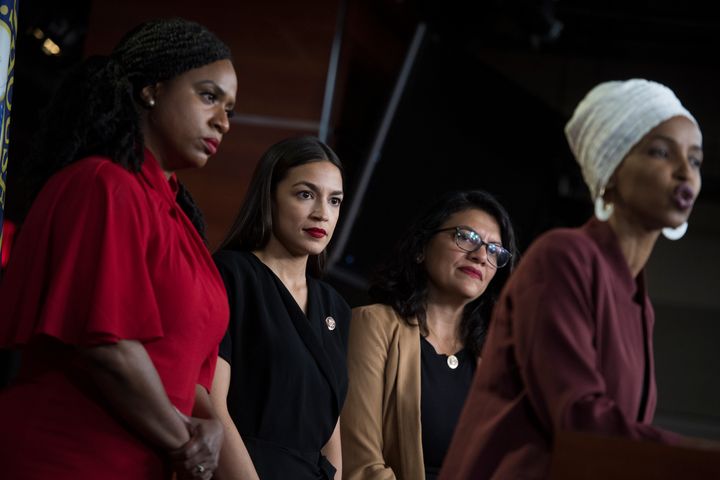 From left, Reps. Ayanna Pressley, D-Mass., Alexandria Ocasio-Cortez, D-N.Y., Rashida Tlaib, D-Mass., and Ilhan Omar, D-Minn., conduct a news conference in the Capitol Visitor Center responding to negative comments by President Trump that were directed the freshmen House Democrats on Monday, July 15, 2019. (Photo By Tom Williams/CQ Roll Call/Sipa USA)
