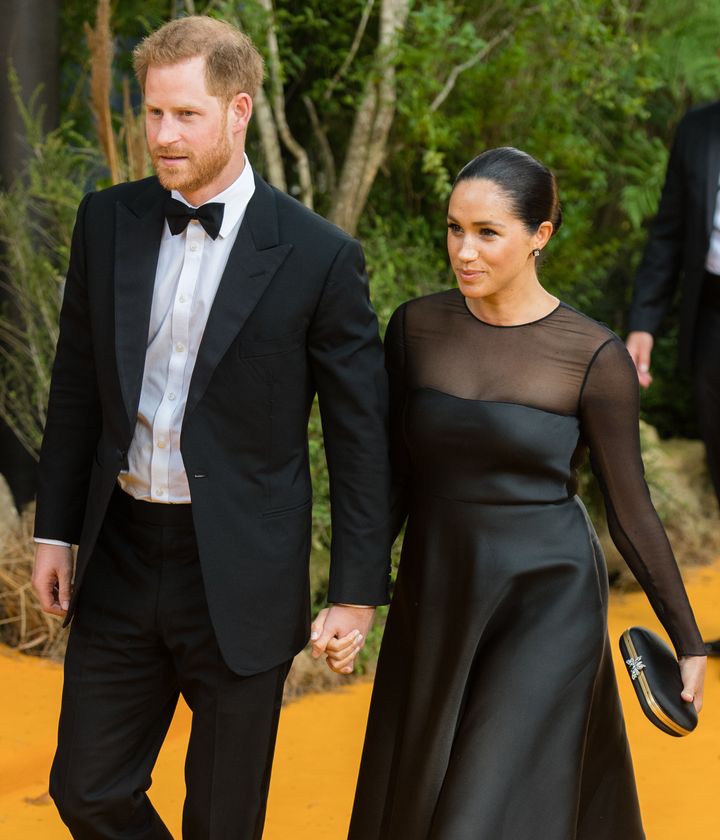 The Duke and Duchess of Sussex attend "The Lion King" European premiere at Leicester Square on July 14 in London. 