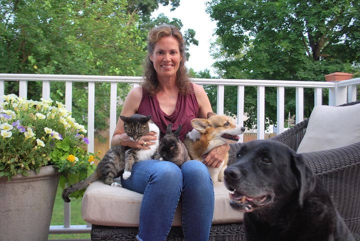 Ashley Collins with her cat, Sugar, her rabbit, Cocoa, and her two dogs, Charlie and Hank.