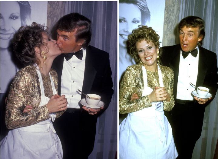 Donald Trump kisses Faith Daniels at the Fifth Annual Gourmet Gala March of Dimes Benefit in 1992 at the Plaza Hotel in New York City.