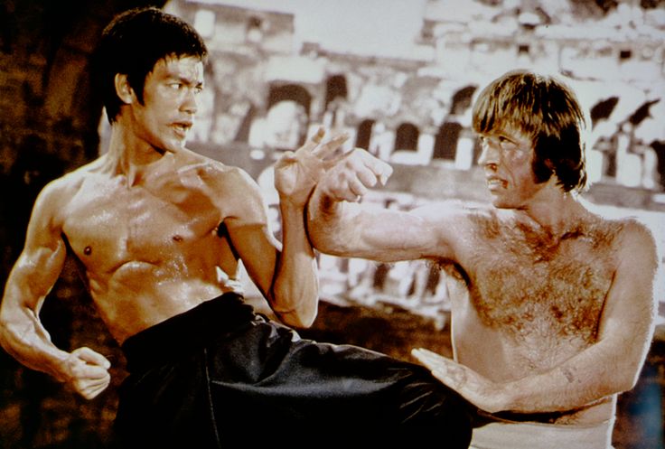 American martial artist Chuck Norris with Chinese American martial artist, actor, director and screenwriter Bruce Lee on the set of his movie "The Way of the Dragon."