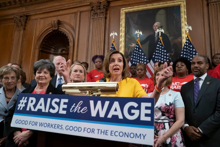 Speaker of the House Nancy Pelosi joins fellow Democrats and activists seeking better pay as the United States House of Representatives approved legislation to raise the federal minimum wage for the first time in a decade.