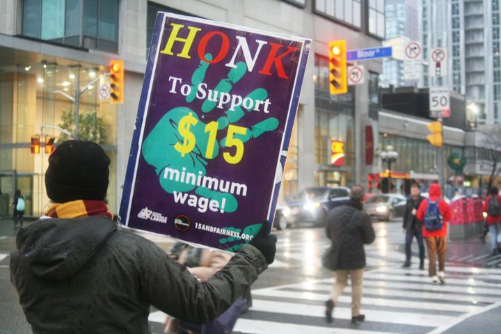Protesters on the streets of Toronto following Doug Ford's announcement that Ontario would not be raising its minimum wage to $15 an hour. 