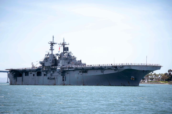 In this May 1, 2019, photo provided by the U.S. Navy, the amphibious assault ship USS Boxer transits the San Diego Bay in California. President Donald Trump says the USS Boxer destroyed an Iranian drone in the Strait of Hormuz amid heightened tensions between the two countries. 