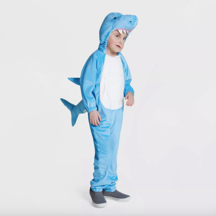 The shark costume features a detachable hood and fins. 