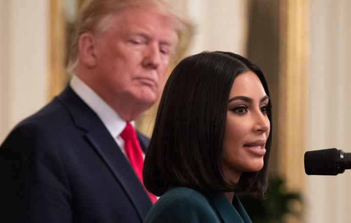 Kim Kardashian speaks alongside President Donald Trump during a criminal justice reform event at the White House on June 13, 2019.