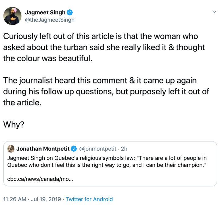 Screengrab of a deleted tweet originally sent from NDP Leader Jagmeet Singh's Twitter account on July 19, 2019.